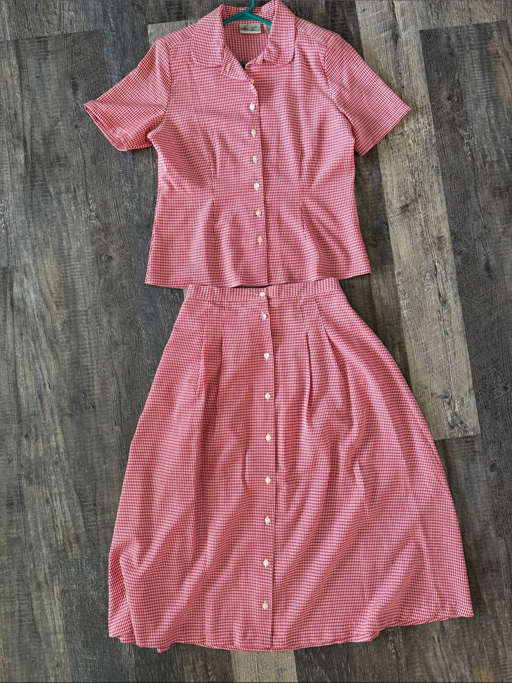 Vintage Kathie Lee Red Gingham 2 Piece Skirt Set Button Front Cottagecore 90s